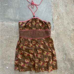 Free People Y2K Floral Brown Multi-Colored Halter Baby Doll Top Shirt Size 8 OBO